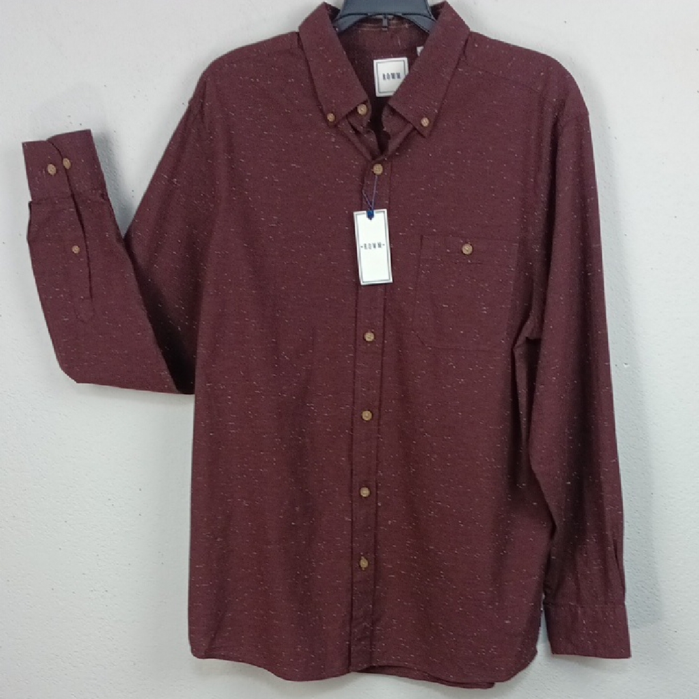 ROWM Men's Burgundy + White Speckled Buttom Up Long Sleeve Shirt Sz L